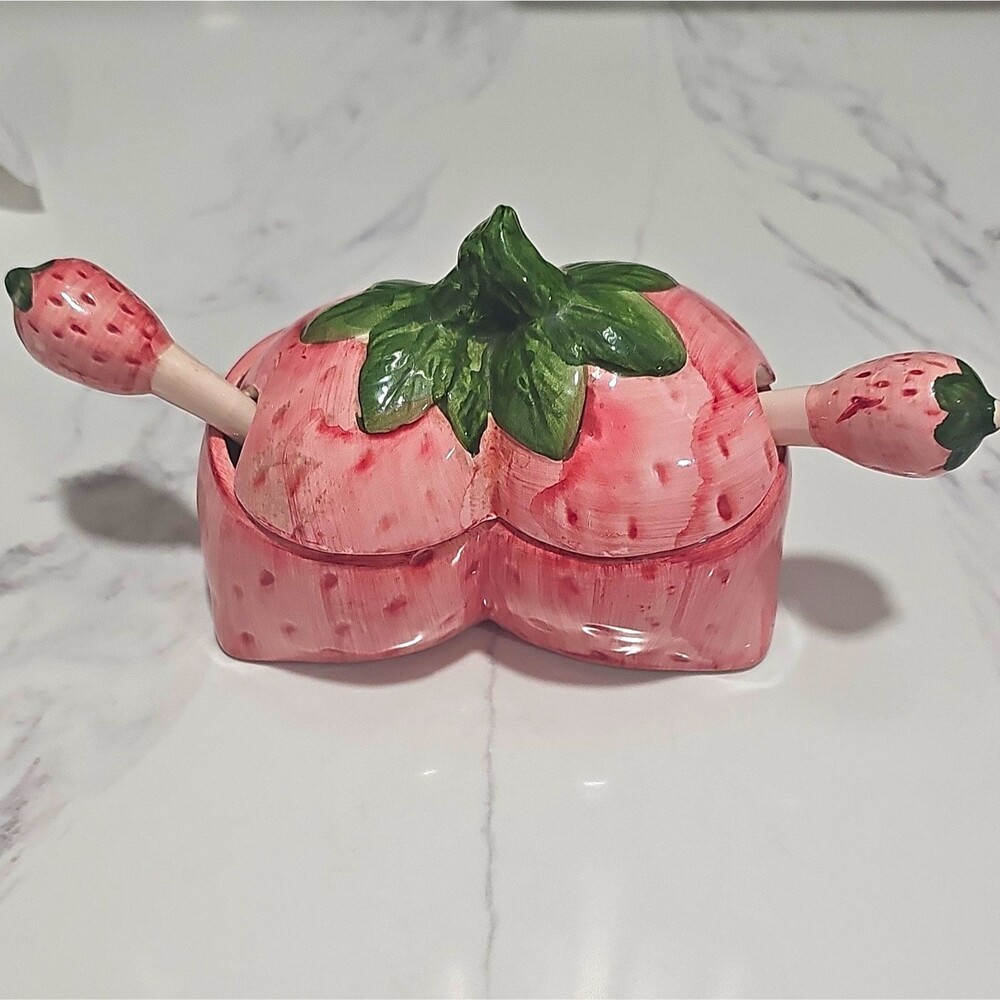 Strawberry Pattern Ceramic 2-Compartment Sugar Bowl w/ Lid & Spoon Pink